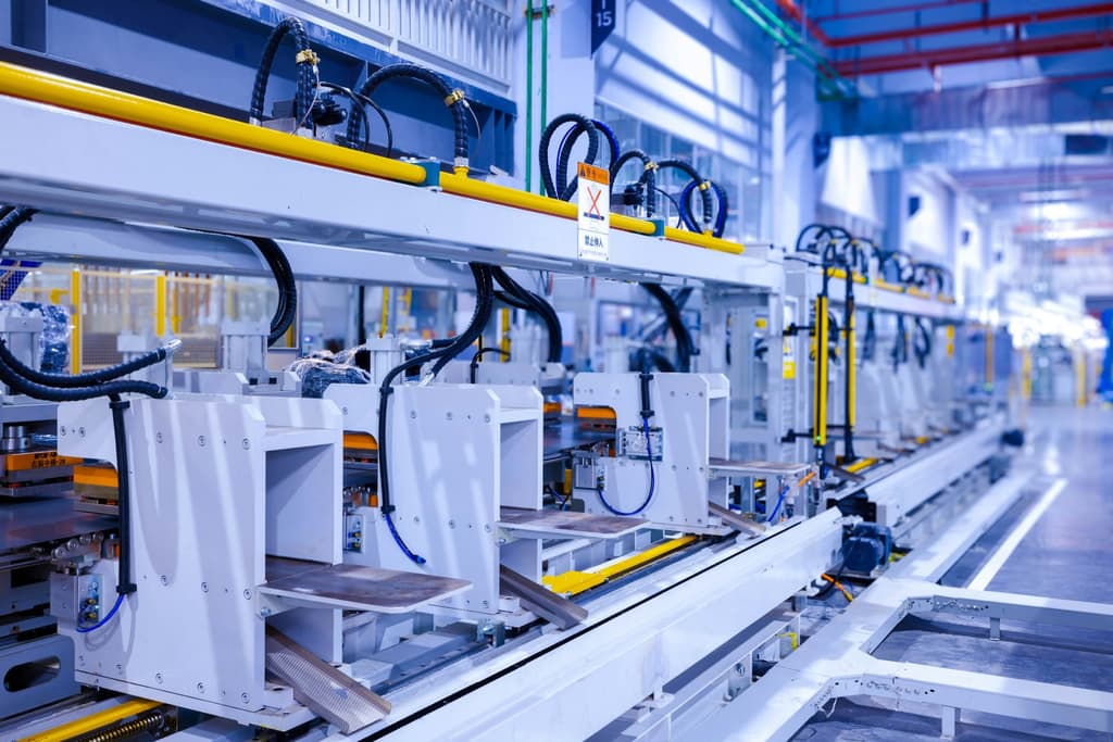 A modern automated assembly line running between rows of machinery.